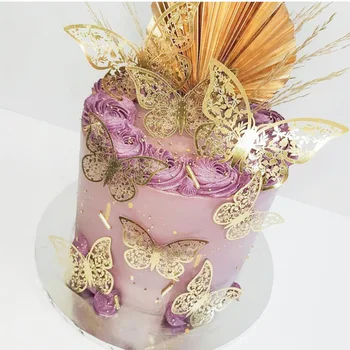 12tk Paber Kulla Roosa Liblikas Cake Toppers Princess Tüdruk Pulm Sünnipäevaks Pool Decor Magustoit Kook Decor Liblikas