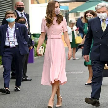 Kate Middleton Printsess Pikk Kleit Naiste Lühikeste Varrukatega Roosad Kleidid High Street Töökohal Vintage Elegantne Šikk Riided