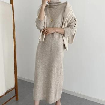Kleidid Uued 2022 korea Silmkoelised Vintage Talvel Elegantne Sügisel Naine Soe Kampsun Kleit Naiste Riided Tahke Paks lahti vestido