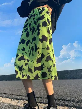 Kontrast värvi fluorestseeruv roheline leopard printida seelik naiste uued 2022 suvel plisseeritud sirge toru slim kõrge vöökoht-line seelik