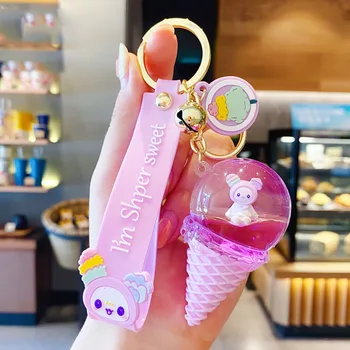Loominguline Crystal Ice Cream Võtmehoidja Luksus Ujuvad Armas Loom Liigub Vedelik Raba Võtmerõngast Naiste Kott Ripats Auto Keyfob