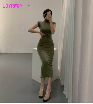 Lõuna-Korea 2022 sügisel kanda uus slim seksikas joonis temperamentne naine, suure krae varrukateta pikk kleit alus