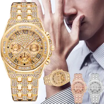 Meeste Watch Fashion Luksus Kolme-silma Täielik Teemant Rooma Muster Roostevabast Terasest Diamond multifunktsionaalne Vabaaja Quartz Watch 2022