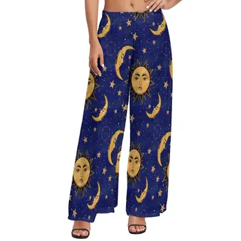 Naljakas Moon Püksid Suvel Kõrge Waisted Vintage Päike Tähed Celestial Classic Laiad Püksid Naiste Liiga Streetwear Pikad Püksid
