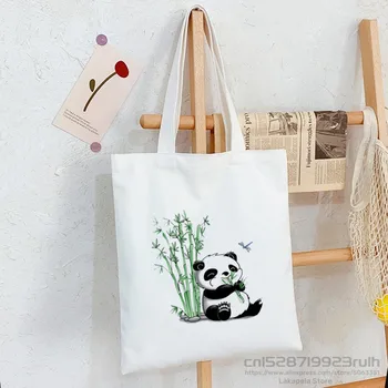 Panda Kohandatud Kott Shopping Tüdruk Loomade Cartoon Stiilne Kawaii Disain Musta Unisex Reisi Lõuend Kott Eco Kokkupandav Shopper Kott