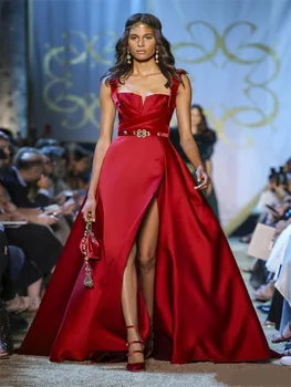Punane Satiin Ametliku Õhtul Hommikumantlid 2022 Spagetid Rida Lõhik Pool Kõnniteed Kleit Eriline Custom Made Vestidos De Noche