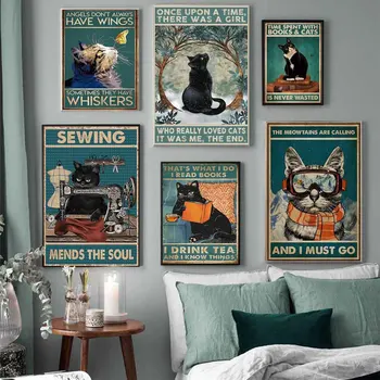 Retro art loomade lõuendile maali naljakas must kass lugemine ja kohvi-plakat, elutuba, magamistuba kodu kaunistamiseks seinamaaling