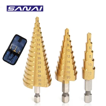 SANAI 3TK Step Drill Bit Set 3-12mm 4-12mm 4-20mm 4-32mm HSS Sirge Soon Titanum Kaetud Puidust, Metallist Augu Lõikur Core Drill
