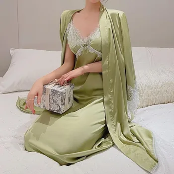 Seksikas Pits Kimono Vann Kleit Naiste 2TK Rüü Set Chemise Nightgowns Suvel Satiin Sleepwear V-Kaeluse Nightwear Lahti Kodus Riideid