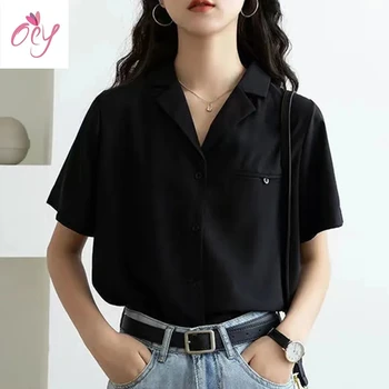 Sifonki Must Lühikese Varrukaga T-Särk Disain Puhkust Vabaaja Korea Fashion Ilus Naine Pluus Suvel 2022 Uus Naiste Rõivad