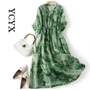 YCYX naised roheline kleit suvine rüü femme été Puuvillast voodipesu prindi keskmise varrukas kleit suvel Pingutusnöör Vintage Kleit YCYX118